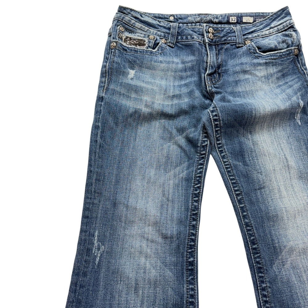 Miss Me Womens Jeans 32 Bootcut Blue Low Rise Distressed Embellished JP5002 - Picture 6 of 16